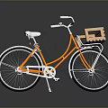 Classic Orange Bicycle With White Seat Wooden Front Basket And Silver Spokes