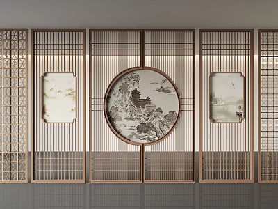 Traditional Chinese Wooden Screen With Circular Landscape Painting And Square Decorative Panels 3d model