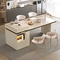 Modern Open Kitchen Interior With Lighted Storage Marble Island And Dining Chairs