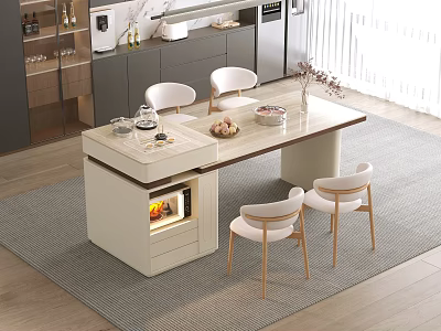 Modern Open Kitchen Interior With Lighted Storage Marble Island And Dining Chairs 3d model