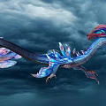 Colorful Dragon Sculpture With Intricate Horns And Feather Like Details In Sky