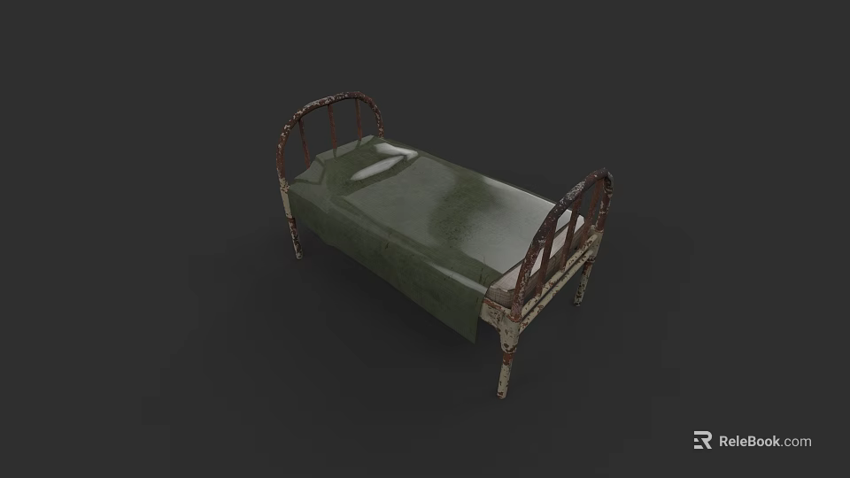 Vintage Rusted Metal Double Bed With Curved Frame And Green Mattress 3d model 