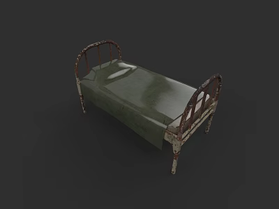 Vintage Rusted Metal Double Bed With Curved Frame And Green Mattress 3d model