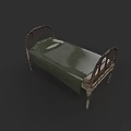 Vintage Rusted Metal Double Bed With Curved Frame And Green Mattress