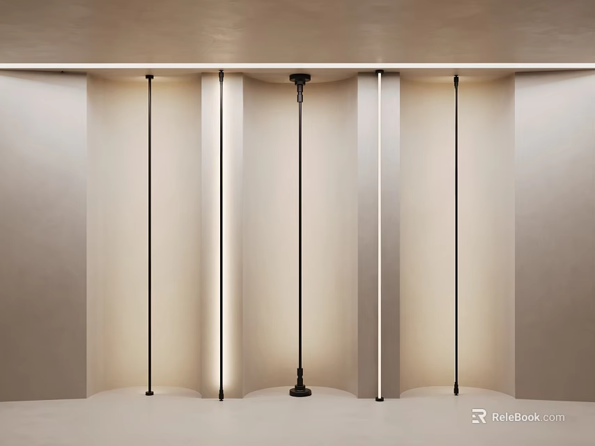 Elegant Modern Interior Design Featuring Black Pillars Light Walls And LED Strips 3d model