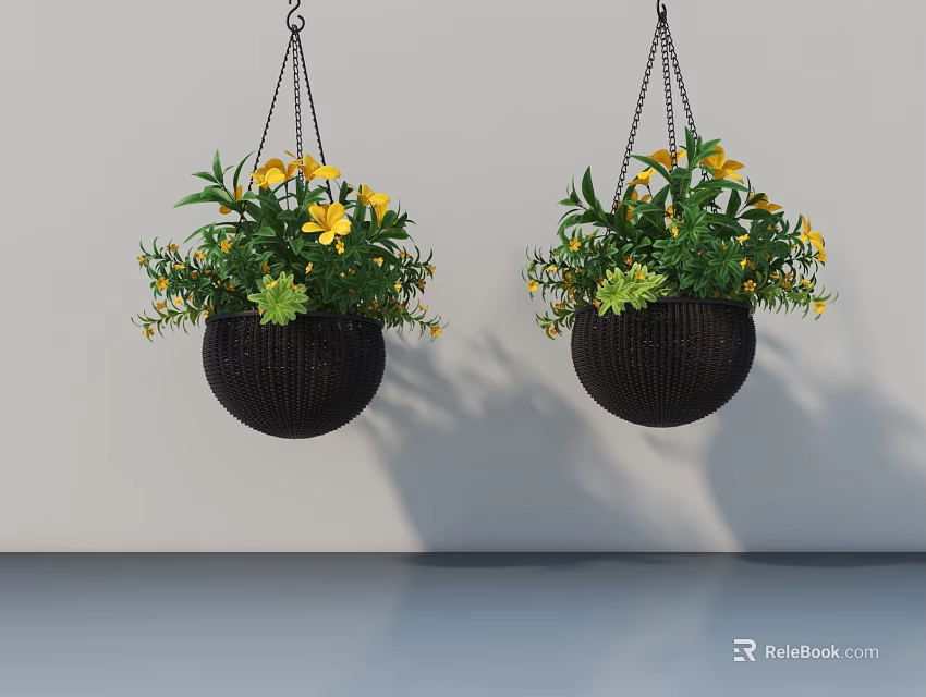 Black Hanging Basket Plants With Yellow Flowers And Green Leaves Hanging On White Wall 3d model 