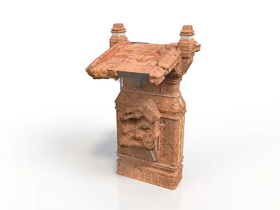 Ancient Stone Architectural Component With Weathered Texture Carvings Roof Like Top And Small Towers 3d model