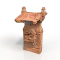 Ancient Stone Architectural Component With Weathered Texture Carvings Roof Like Top And Small Towers