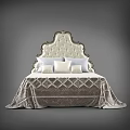 Elegant Double Bed With Tufted Headboard Gold Trim And Diamond Pattern Bedspread 3d model