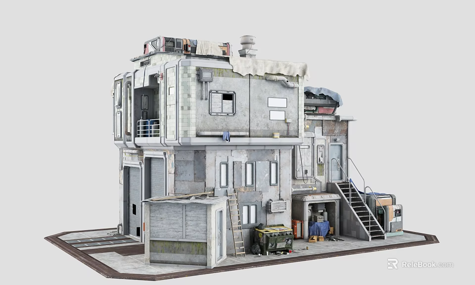 Industrial Style Multi Storey Residential Building With Weathered Exterior Metal Structure And Stairs 3d model 