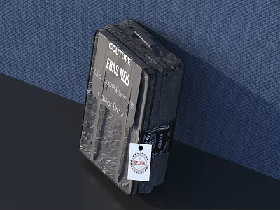 Black 100% Genuine Leather Couture Box With Tag On Blue Fabric Background 3d model