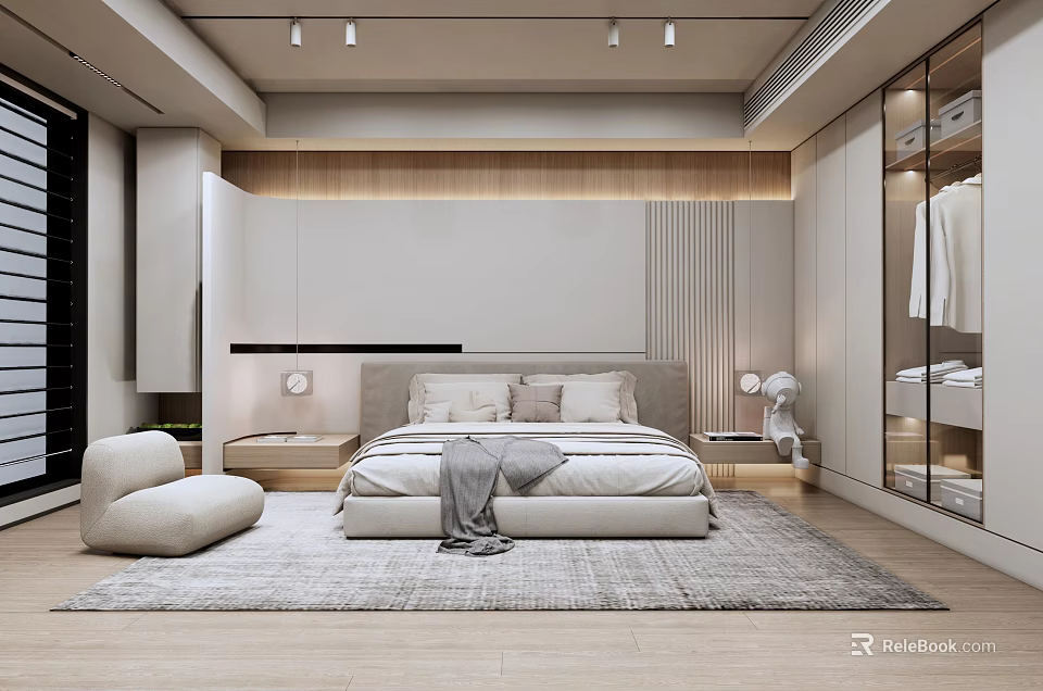 Modern Bedroom Interior With Light Bed Headboard Nightstands Lamps Accent Chair Rug And Wood Accent Wall 3d model 