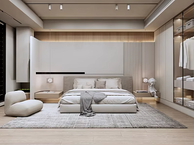 Modern Bedroom Interior With Light Bed Headboard Nightstands Lamps Accent Chair Rug And Wood Accent Wall 3d model