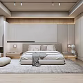 Modern Bedroom Interior With Light Bed Headboard Nightstands Lamps Accent Chair Rug And Wood Accent Wall