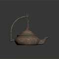 Copper Metallic Teapot With Curved Handle Chain Lid And Shiny Reflective Surface