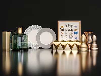 Elegant Decorative Ornaments Set With Perfume Bottle White Plates Gold Frame And Butterfly Art 3d model