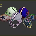 Silver And Blue Football Helmets With Star Logo And Brown Sports Balls