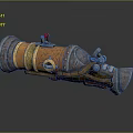 Vintage Steampunk Weapon With Metal And Wood Design Features Red Button And Decorative Details