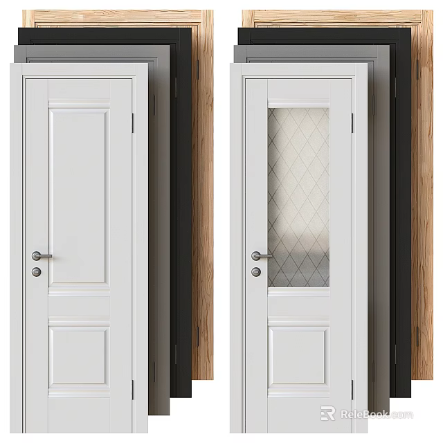 White Hinged Doors with Solid and Glass Panels featuring Diamond Pattern in Wooden Interior Design 3d model 