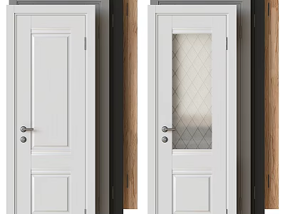White Hinged Doors with Solid and Glass Panels featuring Diamond Pattern in Wooden Interior Design 3d model