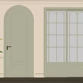 Light Green Hinged Doors With Arched Top And Glass Panes In Light Pink Wall Room
