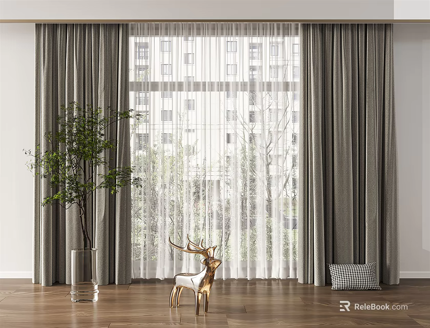 Gray Double Layered Curtains With White Sheer In Indoor Wooden Floor And Golden Deer Decor 3d model 