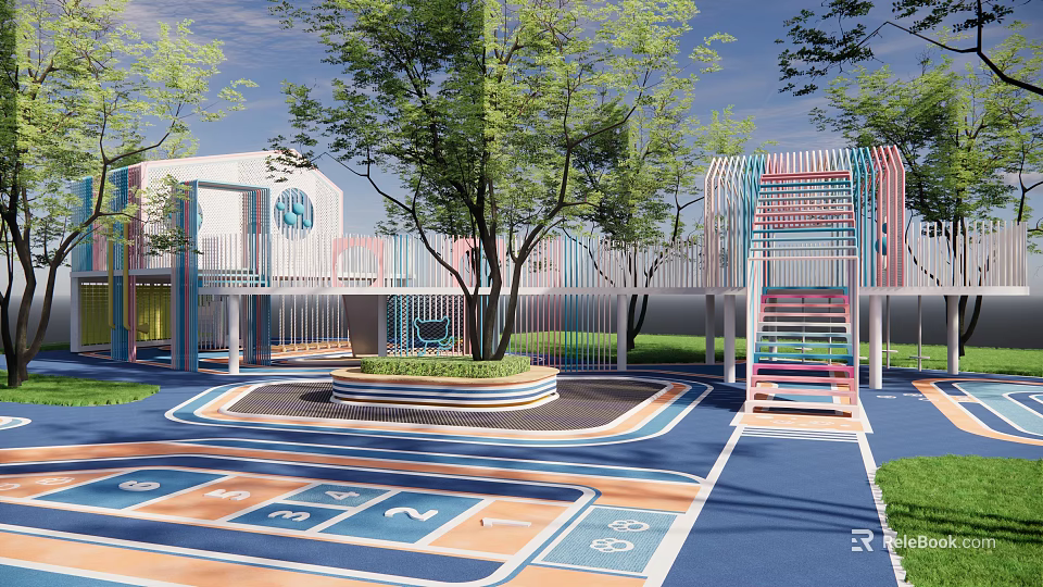 Outdoor Children's Play Area With Colorful Numbered Ground Climbing Structures Trees And Activity Building 3d model 