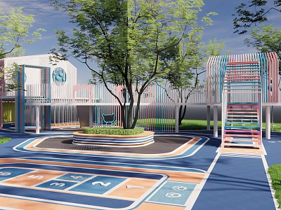 Outdoor Children's Play Area With Colorful Numbered Ground Climbing Structures Trees And Activity Building 3d model