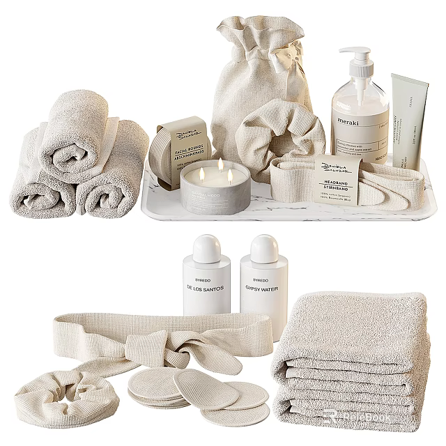 Natural Laundry Daily Essentials with Soft Towels Scented Candle Bath Bottles Linen Sachet on Tray 3d model 