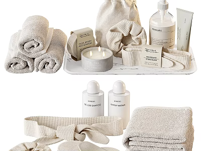 Natural Laundry Daily Essentials with Soft Towels Scented Candle Bath Bottles Linen Sachet on Tray 3d model