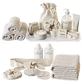 Natural Laundry Daily Essentials with Soft Towels Scented Candle Bath Bottles Linen Sachet on Tray