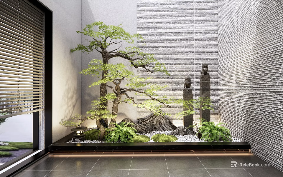 Indoor Landscape Featuring Large Tree Green Plants Stone Decorations And Pebble Floor 3d model