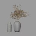 Two Gray Vases with Vertical Striped and Grid Textures Featuring Dried Plants on Gray Background 3d model