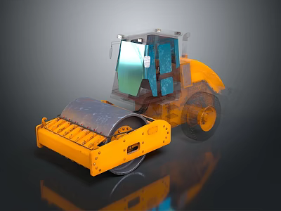 Yellow Road Roller Construction Vehicle with Large Steel Drum and Enclosed Cabin 3d model