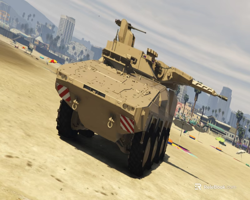 Tan Colored Armored Tank Parked On Beach With Urban Landscape And Palm Trees 3d model 