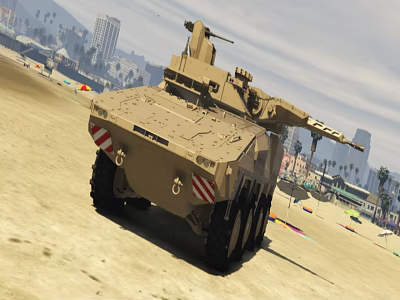 Tan Colored Armored Tank Parked On Beach With Urban Landscape And Palm Trees 3d model