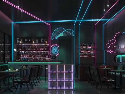 Modern Bar Interior With Dark Background Neon Lights Bar Counter Bottle Shelves And Tables Chairs 3d model