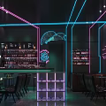 Modern Bar Interior With Dark Background Neon Lights Bar Counter Bottle Shelves And Tables Chairs