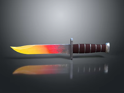 Sharp Tactical Knife With Yellow Red Gradient Blade And Brown Wooden Handle 3d model