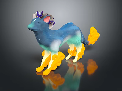 Enchanting Fantasy Game Character With Blue Star Dotted Body Purple Horned Head Yellow Flame Paws Tail 3d model