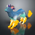Enchanting Fantasy Game Character With Blue Star Dotted Body Purple Horned Head Yellow Flame Paws Tail