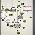 Chinese Style Chandeliers With Lantern Shapes Geometric Patterns And Green Plant Decorations