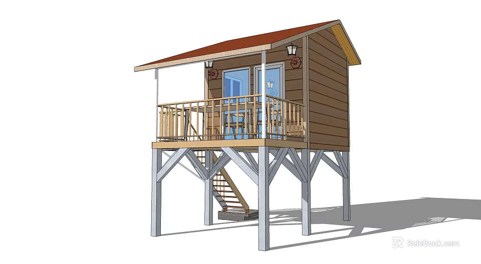 Wooden Detached Villa On Stilts With Balcony Railing Red Roof Blue Door And Staircase 3d model 