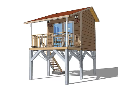 Wooden Detached Villa On Stilts With Balcony Railing Red Roof Blue Door And Staircase 3d model