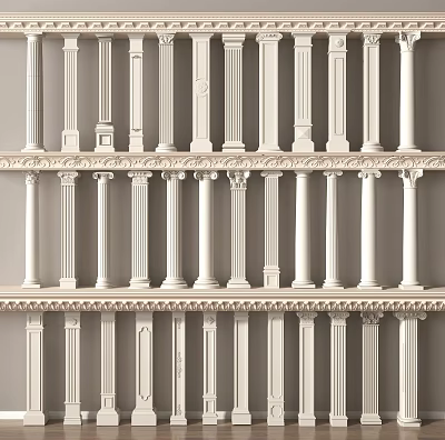 White Decorative Columns With Intricate Capitals Arranged In Multiple Rows For Architectural Design 3d model