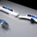 Modern Control Console Workstation With Multiple Blue Monitor Screens And Ergonomic Chair