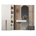 Modern Decorative Cabinet With Arched Mirror Vertical Striped Wall And Decorative Items 3d model