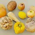 Fresh Assorted Food Ingredients Featuring Tomato Apple Lemon Orange Coconut And Root Vegetables