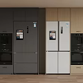 Modern Kitchen With Black White Wooden Cabinets And Appliances Like Refrigerator Oven