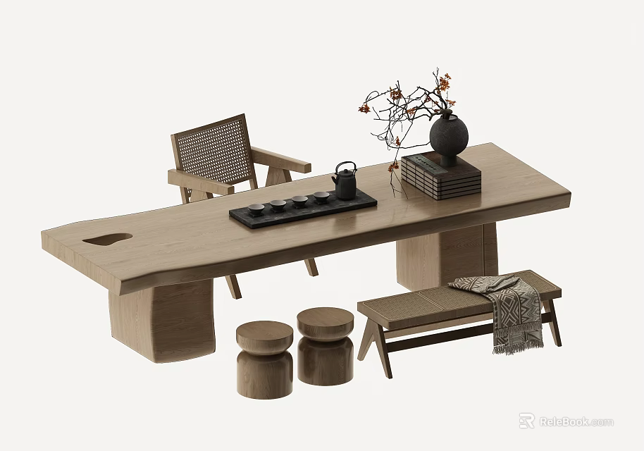 Wooden Tea Table and Chairs Set with Tea Set Vase Branches Stools and Bench 3d model